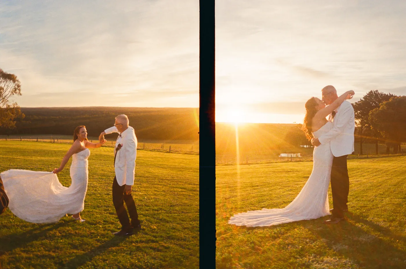 Film style photographs of a couple in a paddock at golden hour