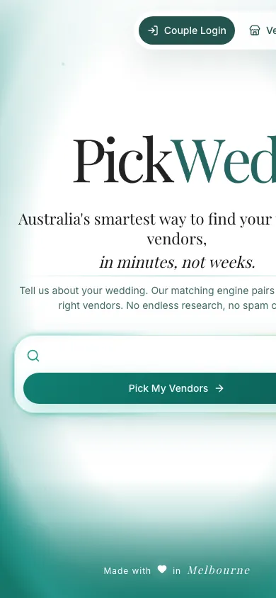 PickWed home page on a phone